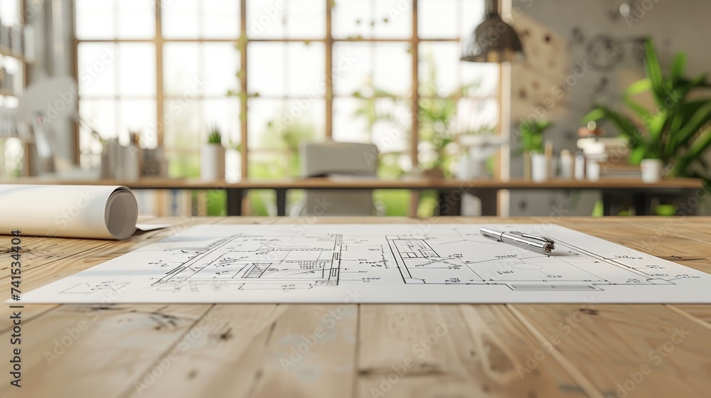 An architectural blueprint spread out on a wooden table, with a pen resting on top, in the bright, plant-filled interior of a modern design studio. An architectural blueprint spread out on a wooden table, with a pen resting on top, in the bright, plant-filled interior of a modern design studio.