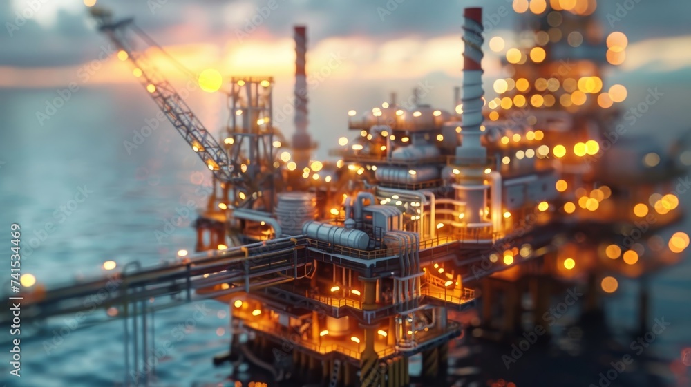 The offshore oil rig complex stands aglow with artificial lighting, creating a stark contrast against the soft twilight hues of the sky and sea. The offshore oil rig complex stands aglow with artificial lighting, creating a stark contrast against the soft twilight hues of the sky and sea.