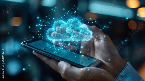 Obraz na płótnie Mobile app developer using cloud services for backend support, showcasing the accessibility of cloud resources