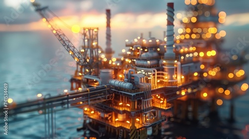 The offshore oil rig complex stands aglow with artificial lighting, creating a stark contrast against the soft twilight hues of the sky and sea.