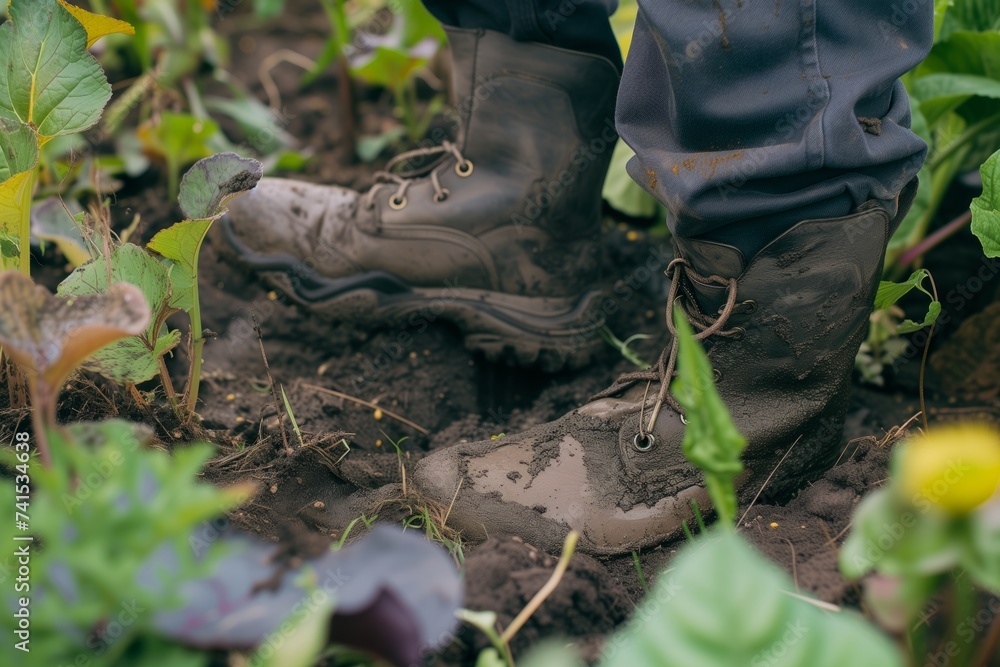 gardeners shoes in the mud while tending to plants