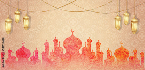 Islamic Horizontal Banner with Silhouette Mosque and Gold Lantern Ornament