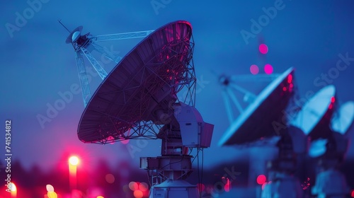 Large satellite antennas against a twilight sky, glowing with red lights, representing global communication networks.