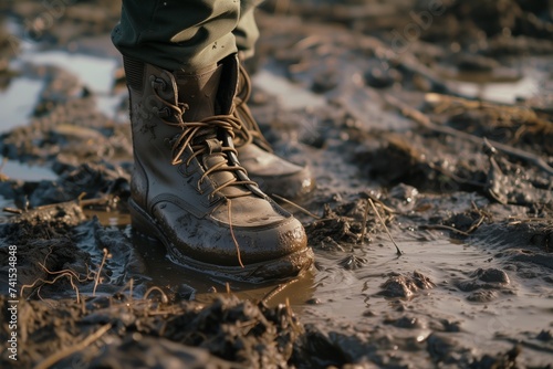closeup of boots sinking into wet mud