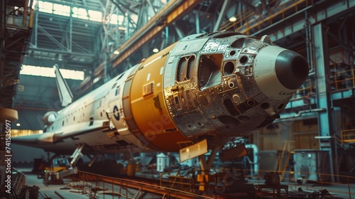 The main stage of a space rocket being prepped for assembly in a massive hangar, showcasing intricate aerospace construction.