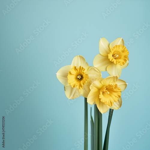 Beautiful fresh yellow daffodil flowers in full bloom on light blue background, close up. Space for text. Spring blossoms. Mother's day. Top view, flat lay.