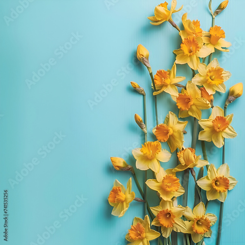 Beautiful fresh yellow daffodil flowers in full bloom on light blue background, close up. Space for text. Spring blossoms. Mother's day. Top view, flat lay.