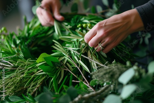 person weaving greenery into a wreath