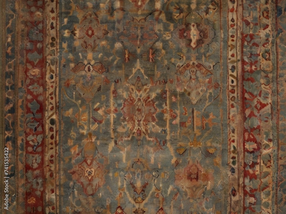 The texture of an old carpet with various scuffs, faded areas and patterns.