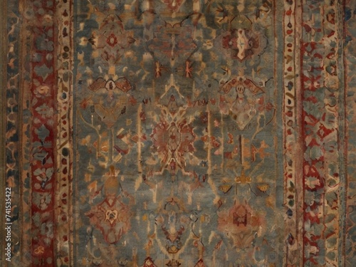 The texture of an old carpet with various scuffs, faded areas and patterns.