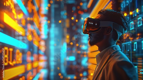 vr headset stock market, immersive virutal reality neon data space, business concept
