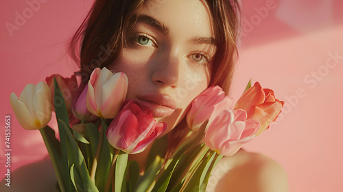 woman holding beautiful fresh pink and yellow tulips bouquet on light pink background.