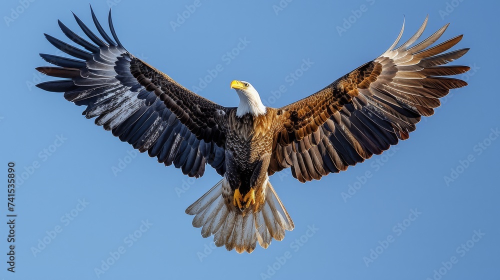 Fototapeta premium Majestic Bald Eagle in Flight: An awe-inspiring shot of a majestic bald eagle soaring gracefully against a backdrop of clear blue skies