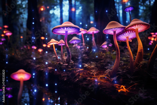 Mushrooms in the rainforest at night. Fairy forest. © Ula