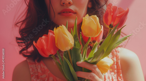woman holding beautiful fresh pink and yellow tulips bouquet on light pink background.