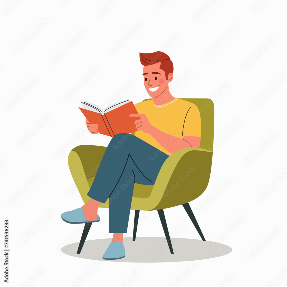 Young man relaxing on chair and reading book. Vector flat style cartoon illustration Young man relaxing on chair and reading book. Vector flat style cartoon illustration