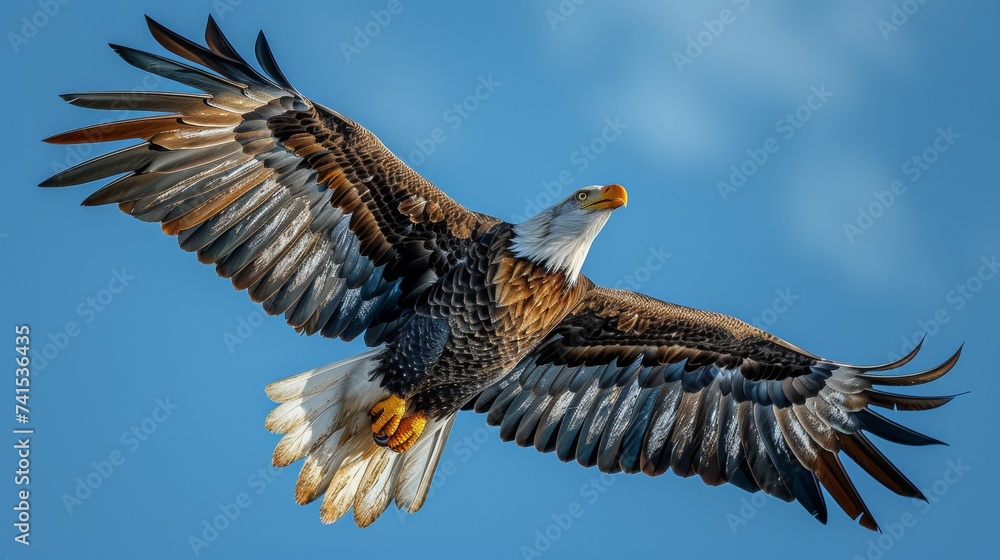 Majestic Bald Eagle in Flight: An awe-inspiring shot of a majestic bald eagle soaring gracefully against a backdrop of clear blue skies Majestic Bald Eagle in Flight: An awe-inspiring shot of a majestic bald eagle soaring gracefully against a backdrop of clear blue skies