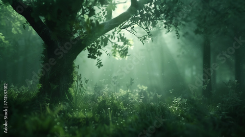 A closeup tree in a mystical forest scene with sunlight filtering through dense foliage, illuminating a lush green floor teeming with life - miracle of the nature for a wallpaper