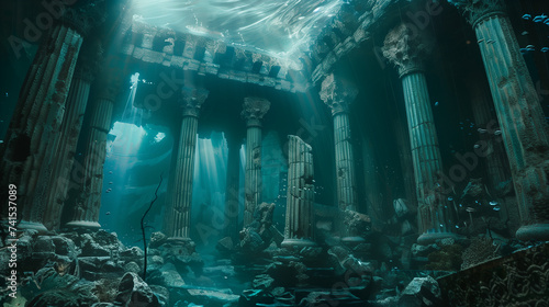 Underwater ancient ruins illuminated by ethereal light beams surrounded by marine life and enveloped in a mystical atmosphere.