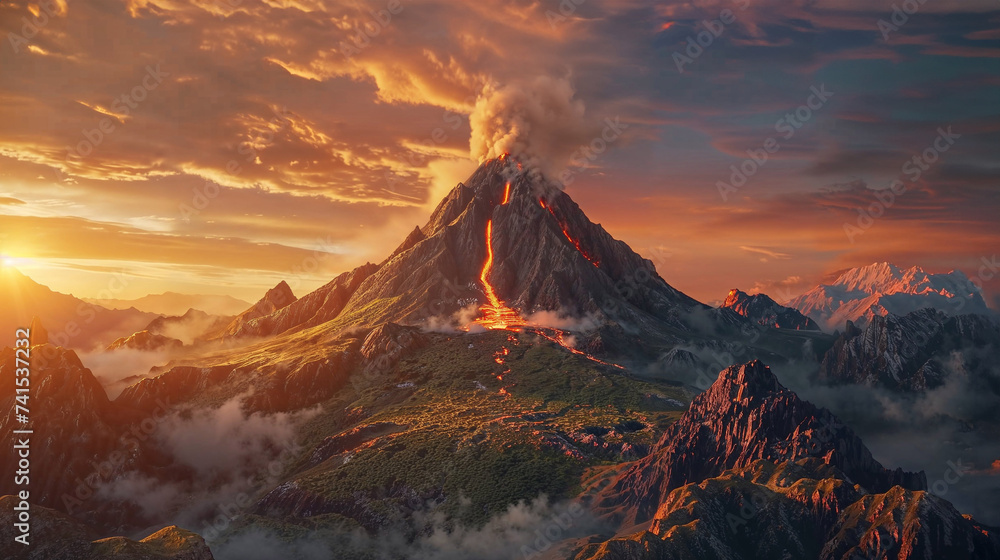 Spectacular landscape with an erupting volcano, featuring smoke and a river of lava flowing down the mountain slope against a cinematic sunset sky - background for a wallpaper