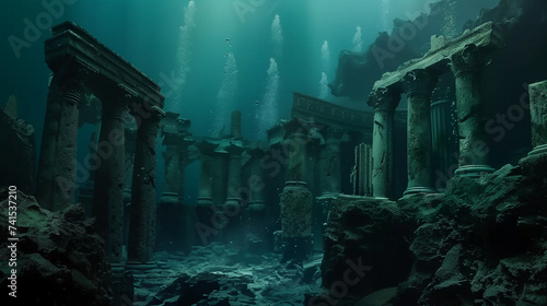 Underwater city ruins like Atlantis with ancient pillars, dilapidated temples, and marine life in a mystical dark setting for the background of a wallpaper