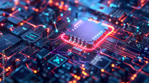 Close-up of a vibrant illuminated circuit board with a central processing unit with a blank space for a logo, showcasing intricate technology and modern engineering.