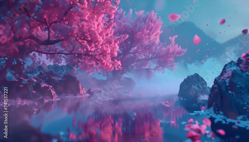 Beautiful dreamlike surreal landscape with a tree adorned with pink flowers, petals floating in the air, a lake with stones, mist, and fog, with mountains in the background on a cloudy day.