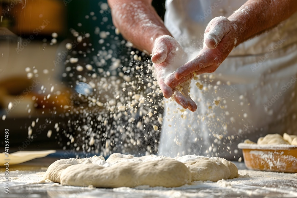 Pastry Chef Skilled Flour Pouring on Dough in Rural Kitchen