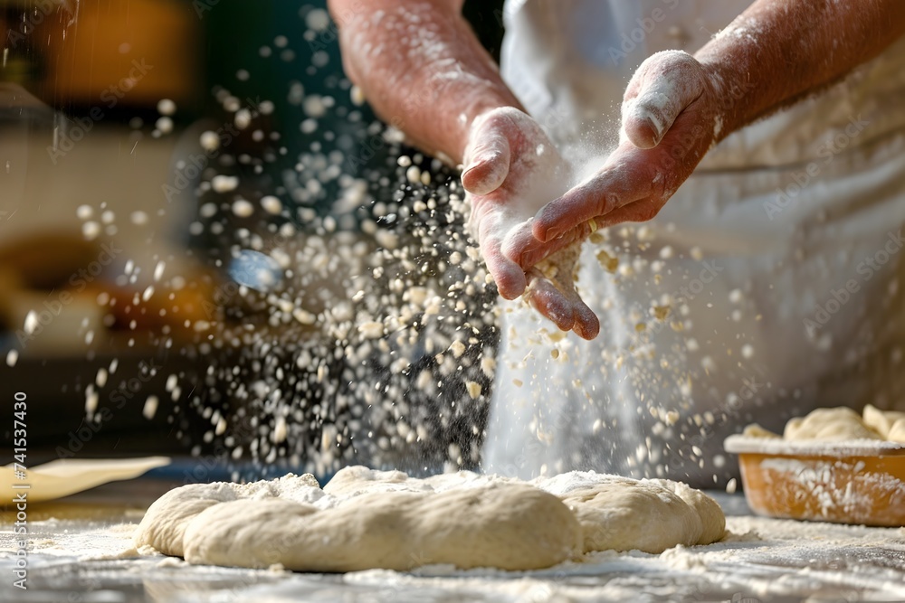 Pastry Chef Skilled Flour Pouring on Dough in Rural Kitchen Pastry Chef Skilled Flour Pouring on Dough in Rural Kitchen