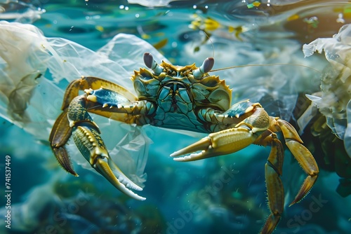 Crab Trapped in Plastic Debris in Ocean
