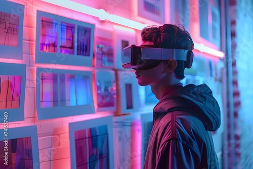 Man Using Virtual Reality Glasses in a Neon Lit Room