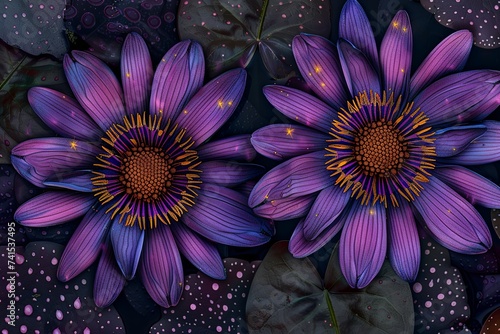 two colorful purple flowers in the style of polka dot madness photo