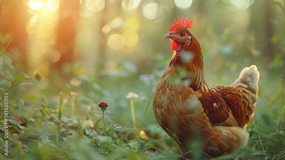 Chicken with light brown feathers in the garden, Hen in the farm. sunlight. natural light.