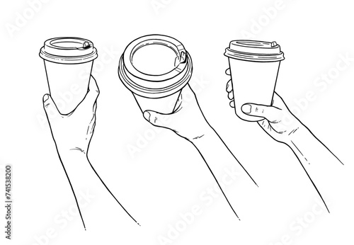 Vector hand drawn line art illustration set of hands holding disposable coffee takeaway cup