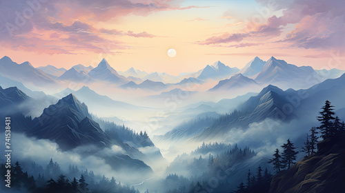 Breathtaking Dawn View from Mountaintop. Misty World Below and Soft Pastel Sky Hues at Daybreak wallpaper background © RBGallery