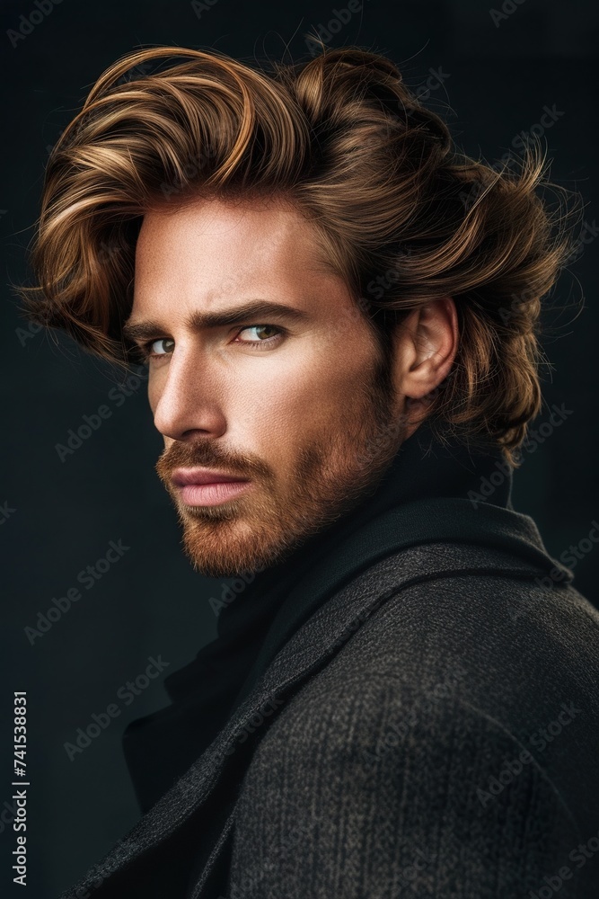 Naklejka premium portrait of young handsome man fashion model, confident stylish guy posing studio shot, male with casual hairstyle