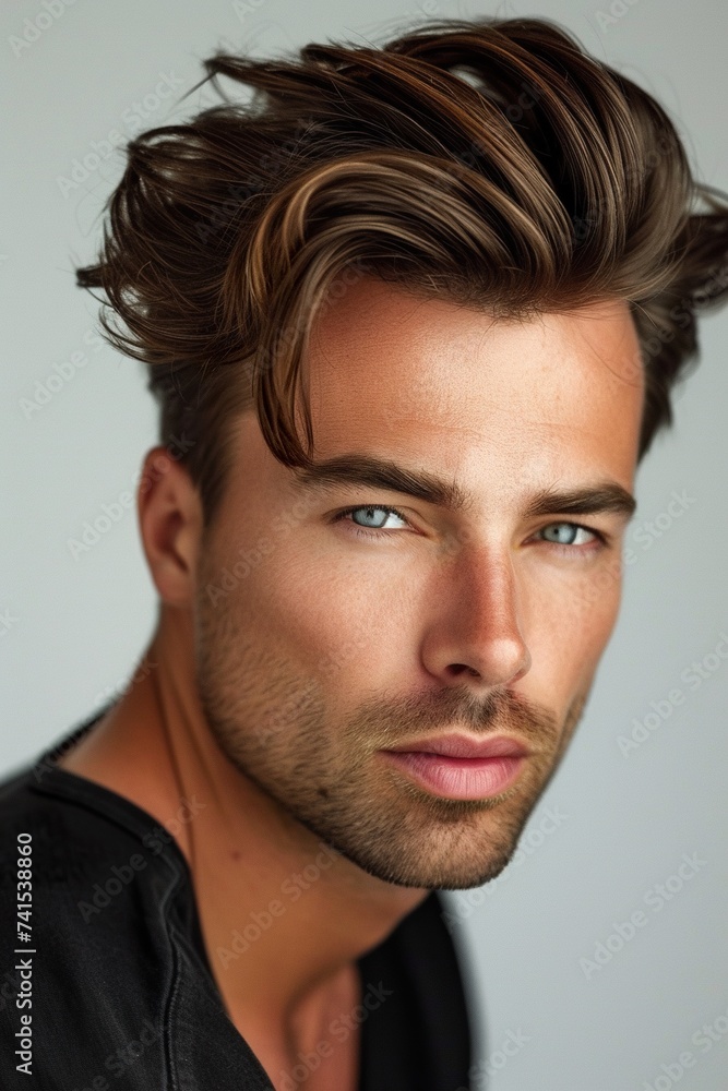 Fototapeta premium portrait of young handsome man fashion model, confident stylish guy posing studio shot, male with casual hairstyle