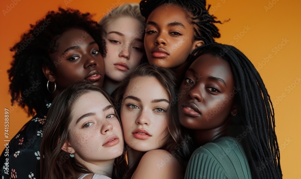 Obraz premium group portrait of young multiracial hipster women, multiethnic happy female friends studio shot