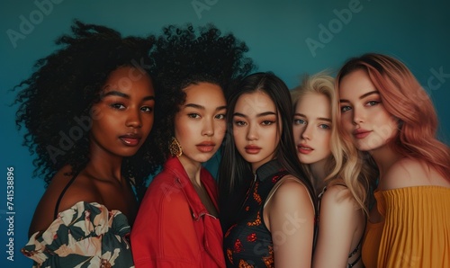 group portrait of young multiracial hipster women, multiethnic happy female friends studio shot