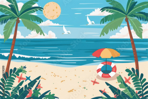 Flat design beach scene simplistic style sandy shore palm trees clear blue sky background.