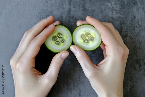 hands placing cucumber slices on closed eyes