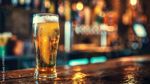 A glass of beer on the background of a bar. Yellow liquid with bubbles and foam in a glass.