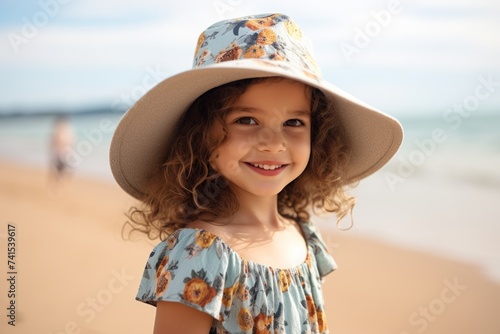 Portrait of a cute little girl in a hat on the beach