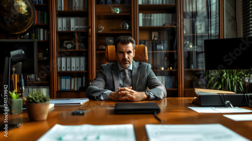 Businessman in suit with stern look sitting behind a luxury desk conducting an interview or meeting in an office  © Sunshine Design