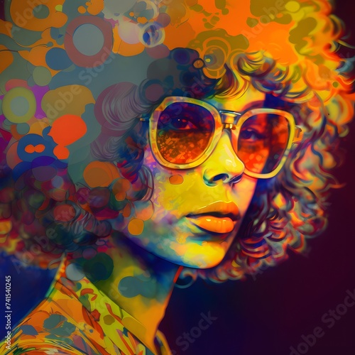 woman in sunglasses, embracing the colorful and psychedelic aesthetics of the 1970s