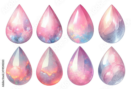 Teardrop-shaped pink opal rhinestone watercolor illustration material set