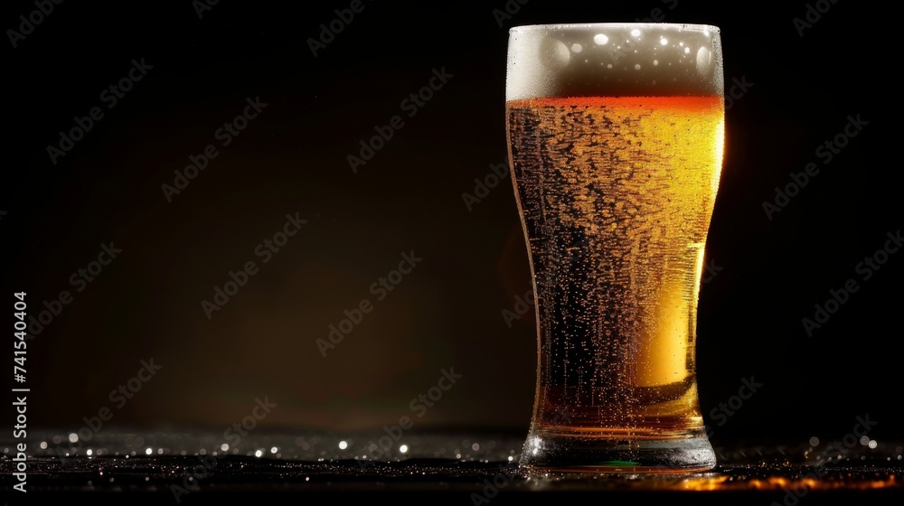 A glass of beer on a black background. Yellow liquid with bubbles and foam in a glass. - obrazy, fototapety, plakaty 