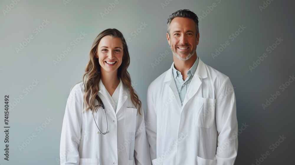 Two smiling, confident healthcare professionals in white lab coats, friendly and professional demeanor.