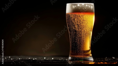 A glass of beer on a black background. Yellow liquid with bubbles and foam in a glass.