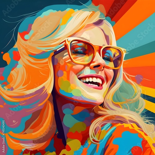 woman in sunglasses  embracing the colorful and psychedelic aesthetics of the 1970s